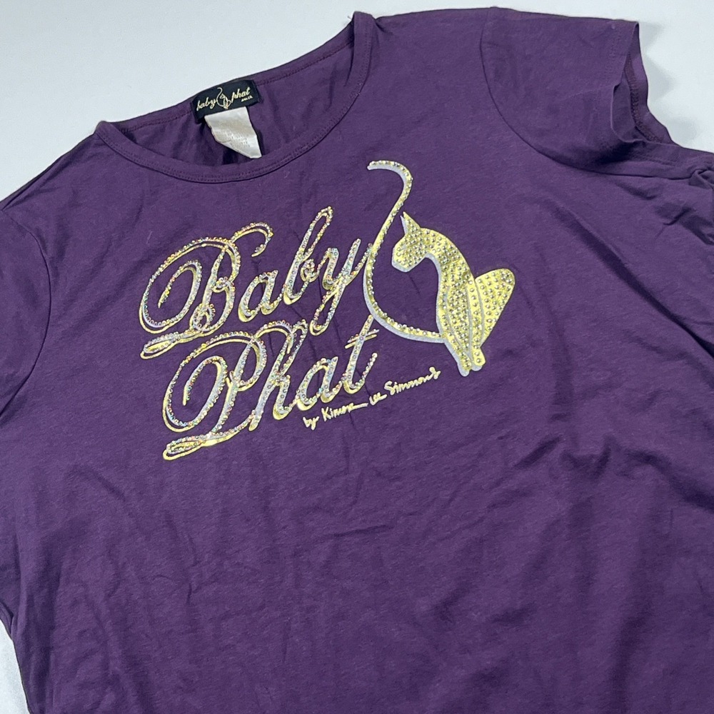 Baby Phat Rhinestone Cat Logo Short Sleeve T-Shirt Sz 1X Purple Gold Silver NWT